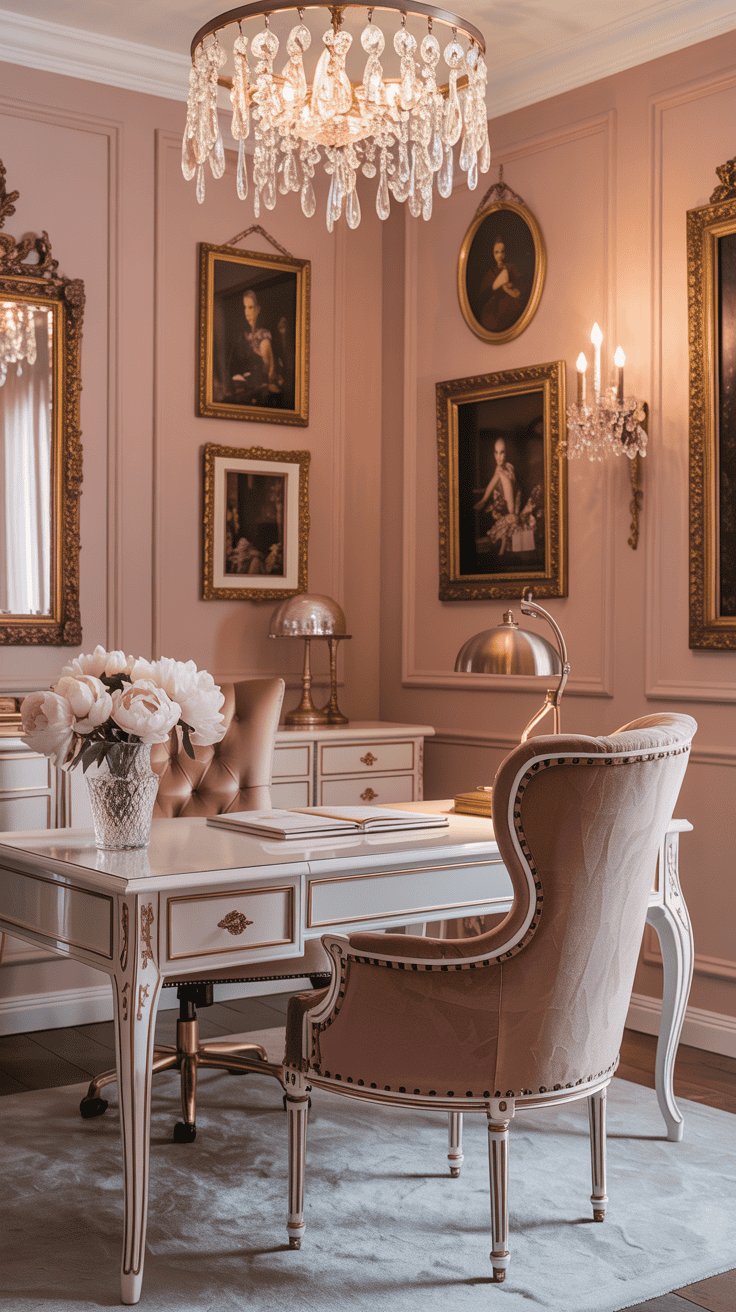 A vintage glam home office with pink walls, elegant furniture, and a chandelier