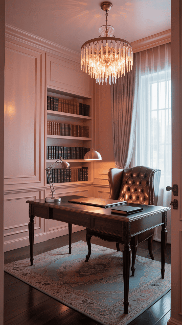 A sophisticated home office with pink walls, elegant chandelier, and classic furniture