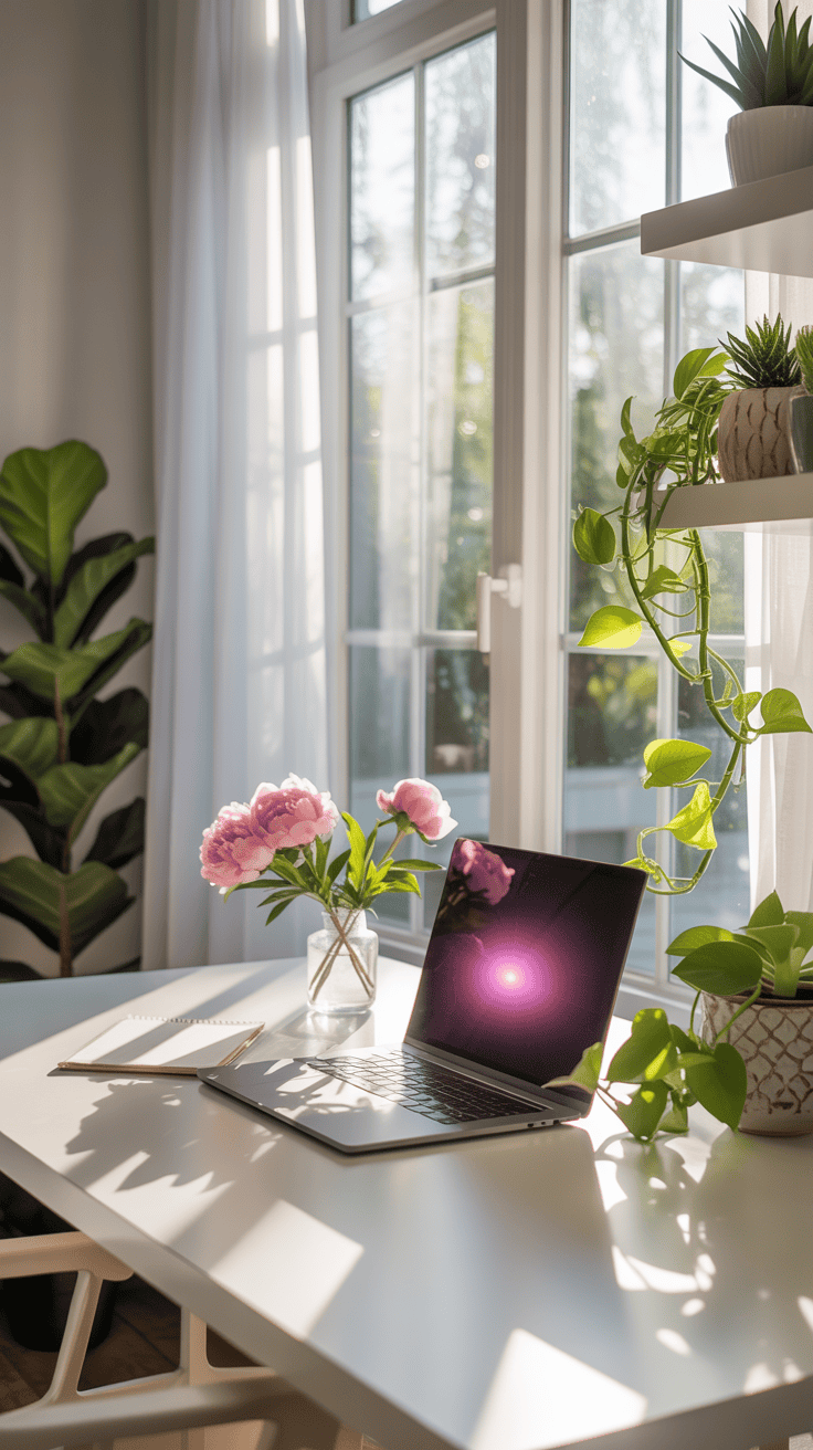 A bright and serene home office with a white desk, laptop, flowers, and plants