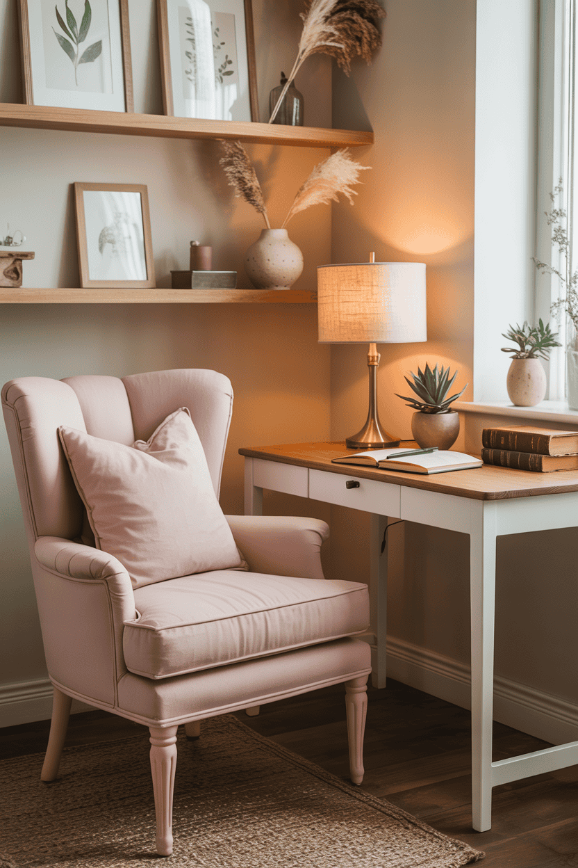 A cozy home office nook featuring a pink chair, a small desk, and decorative elements