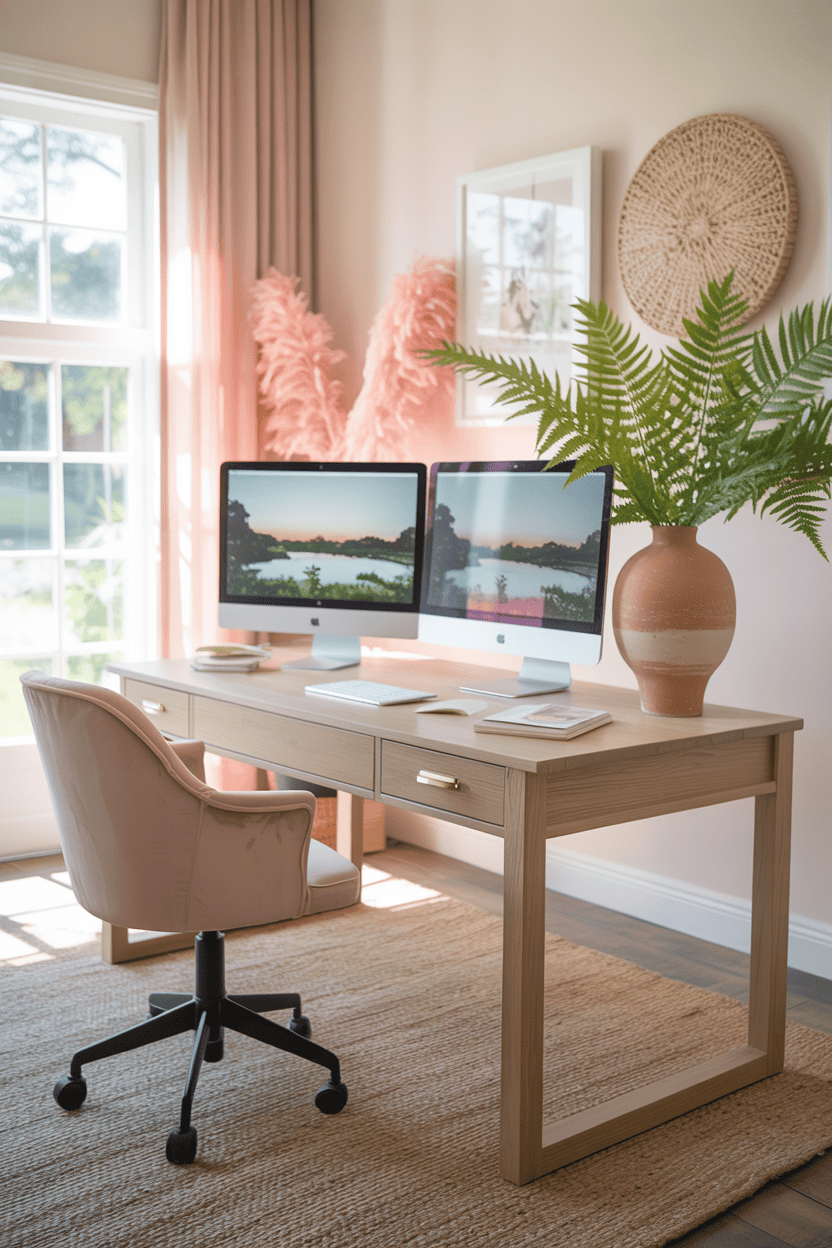 A feminine home office with pink accents, two monitors, and plants