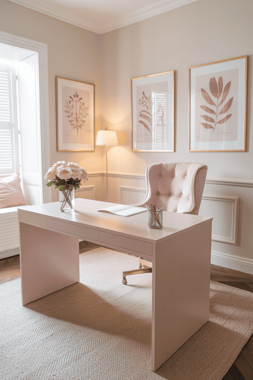 A feminine home office featuring pink decor, a stylish desk, and whimsical art