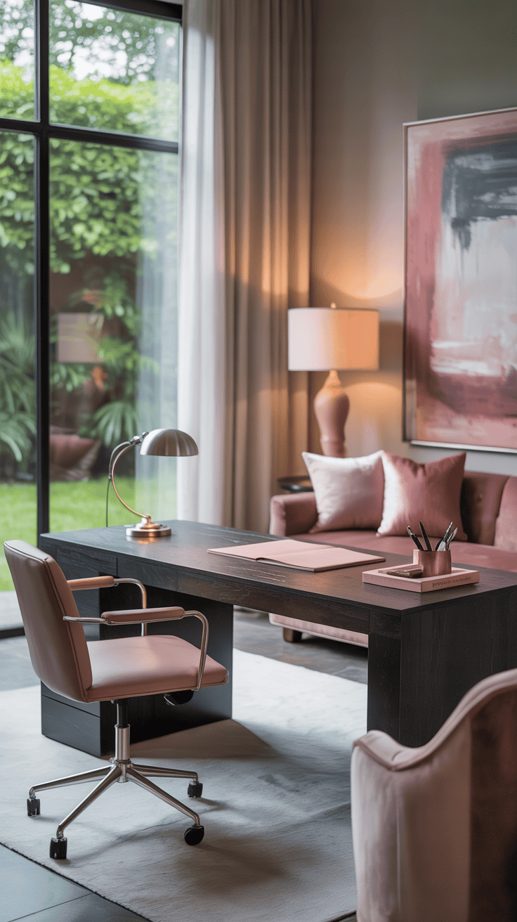 Sophisticated home office with pink details and elegant furniture