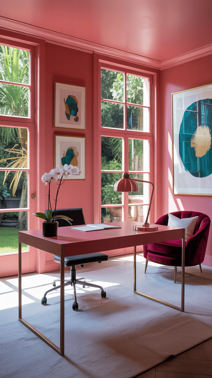 A bright pink home office featuring a stylish desk, artwork on the walls, and cozy seating