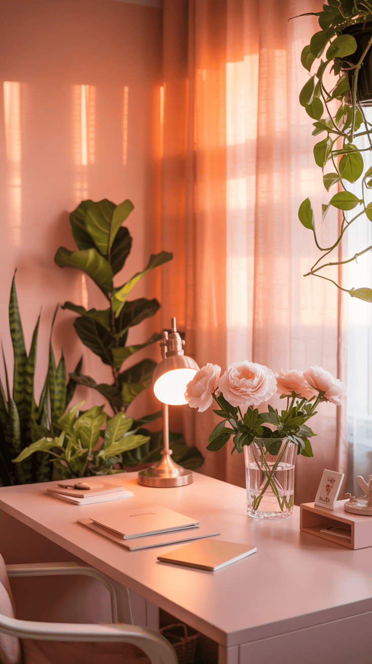 A feminine home office with pink walls, a desk, and plants, inspired by sunset colors