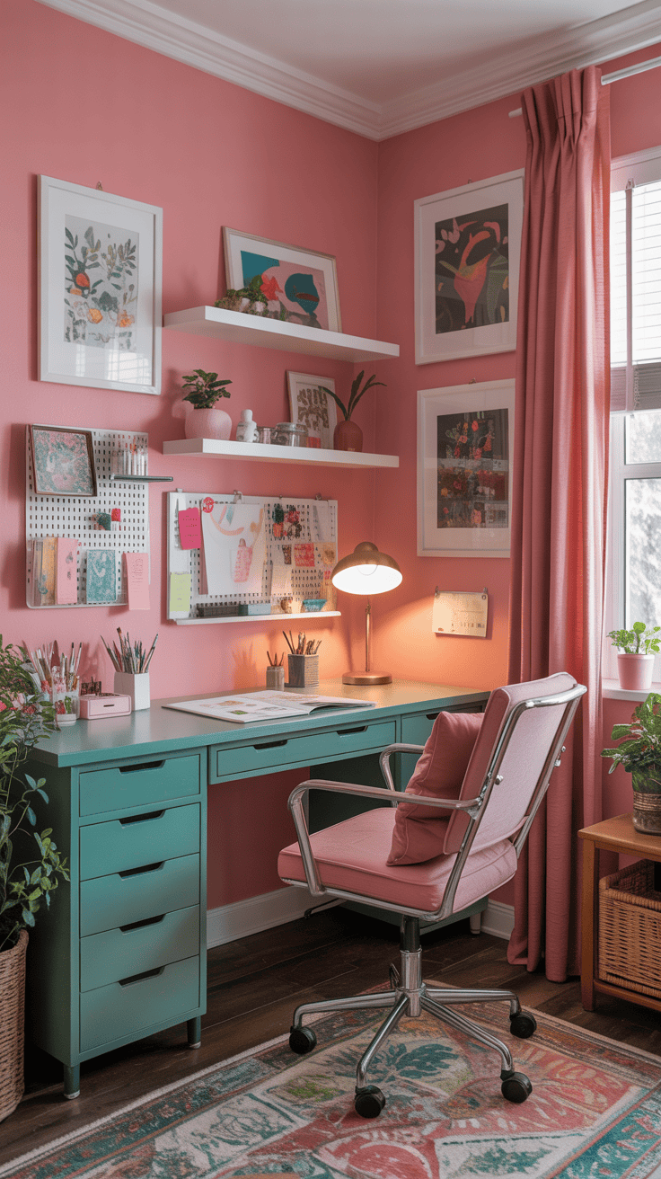 A colorful home office featuring pink walls, a desk with art supplies, and a cozy chair