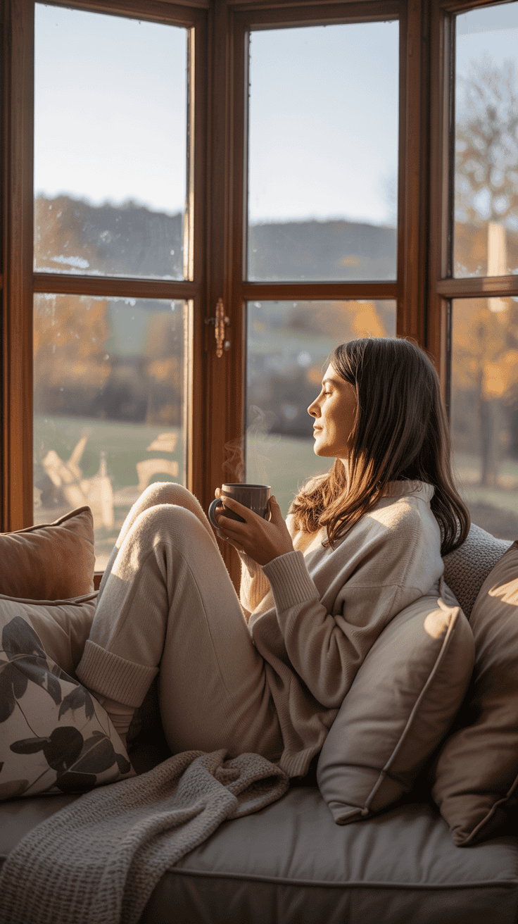 Cozy bay window seating area with a woman sitting and enjoying the view