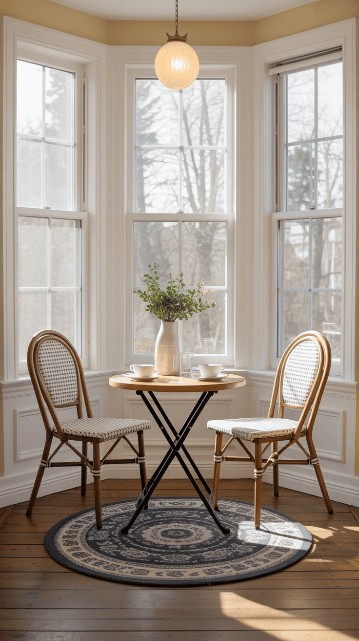 A cozy breakfast corner featuring a bistro table and two chairs in a bay window