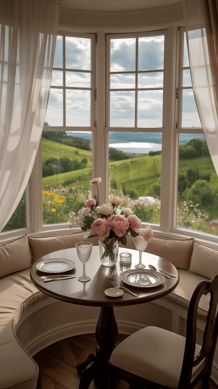 A cozy dining area with a bay window overlooking a scenic view, featuring a small table set for two with flowers