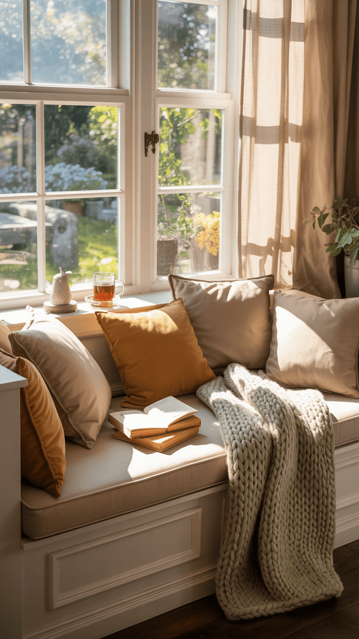 Cozy reading nook in a bay window with plush seating, cushions, and a throw blanket