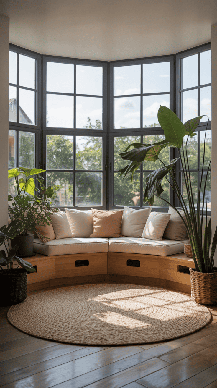 A modern bay window with clean lines, featuring a cozy seating area and plants