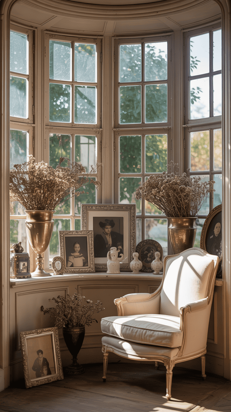 A bay window decorated with antique items, including vases and photographs, with a white chair nearby