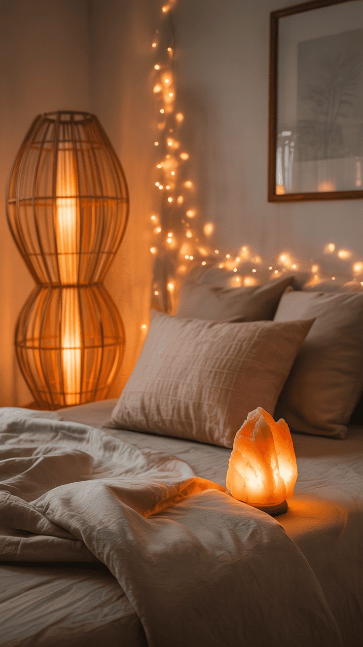 Warmly lit bedroom featuring a rattan floor lamp, soft fairy lights, and a glowing salt lamp creating a serene evening atmosphere
