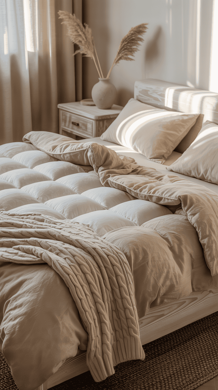 Inviting bed with breathable linen sheets, a plush comforter, and a cozy knit throw in a soothing neutral palette