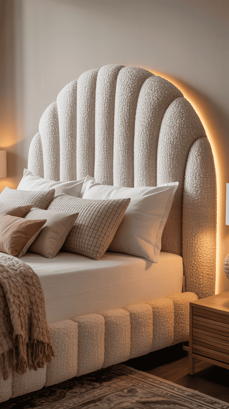 Boucle upholstered headboard with layered pillows and soft ambient lighting for a modern cozy bedroom look