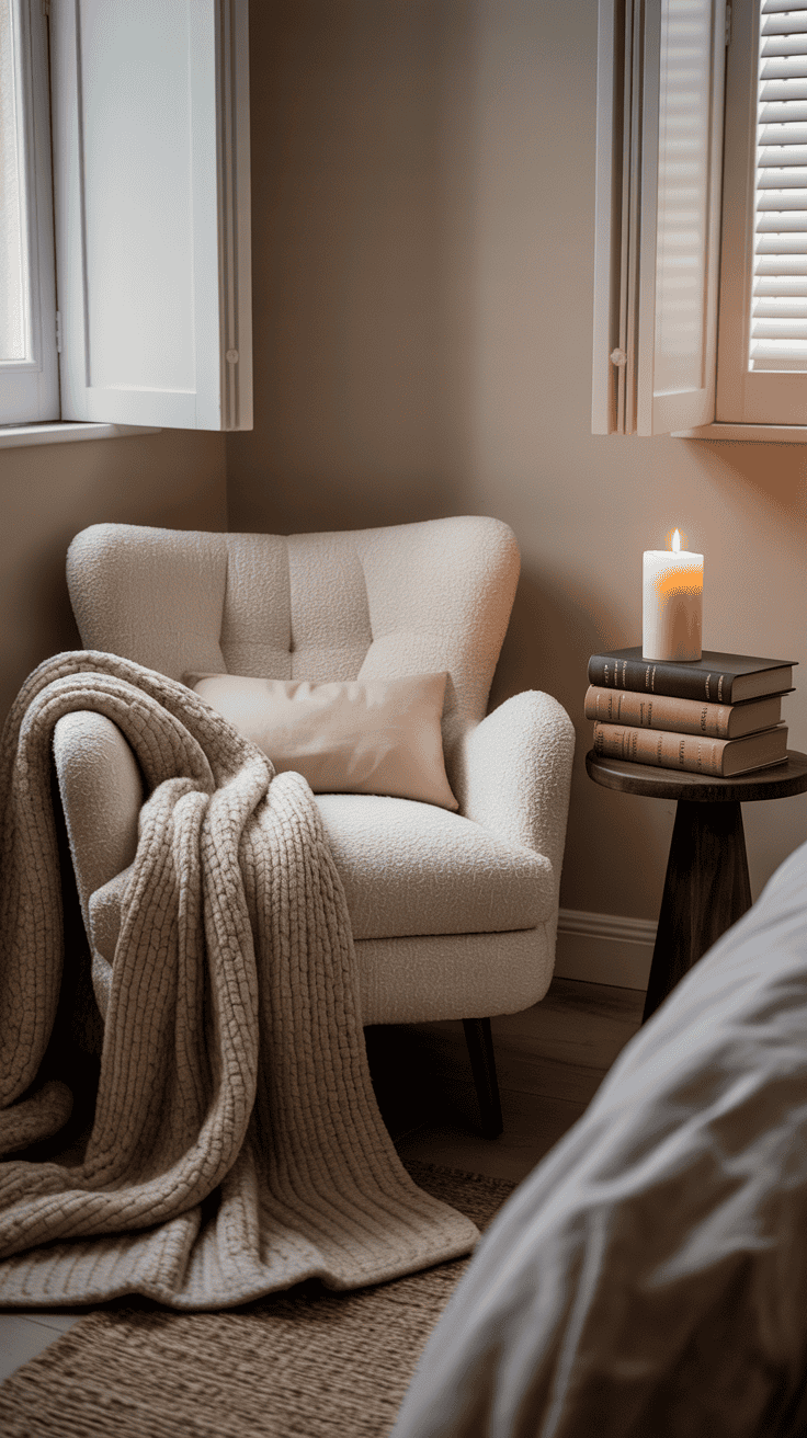 Relaxing bedroom corner with a boucle accent chair, cozy blanket, and candle-lit side table for a calming lounge vibe