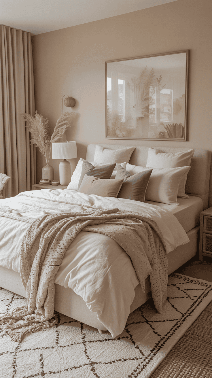 Neutral-toned bedroom featuring beige walls, ivory bedding, and soft blush and sage accents for a tranquil aesthetic
