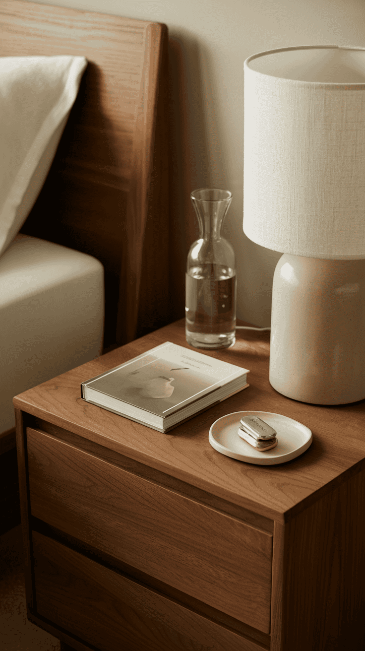 Minimalist nightstand styled with a lamp, carafe, and tidy tray—clean and calming for bedtime simplicity