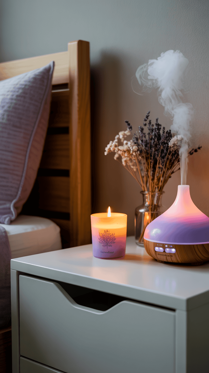 Bedside setup with a lit lavender candle and diffuser creating a calm, spa-like bedroom atmosphere