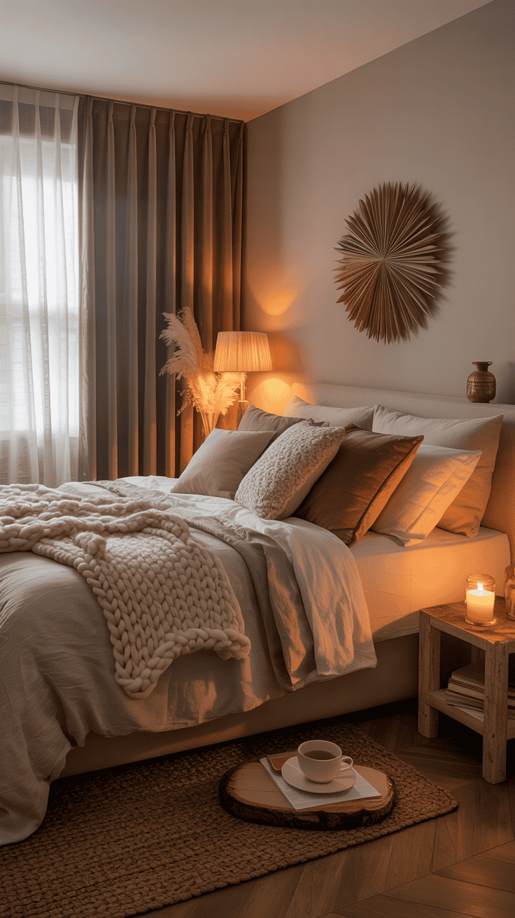 Cozy bedroom with linen bedding, knit throw, boucle and velvet pillows, and taupe velvet blackout curtains creating a warm, restful, and luxurious atmosphere