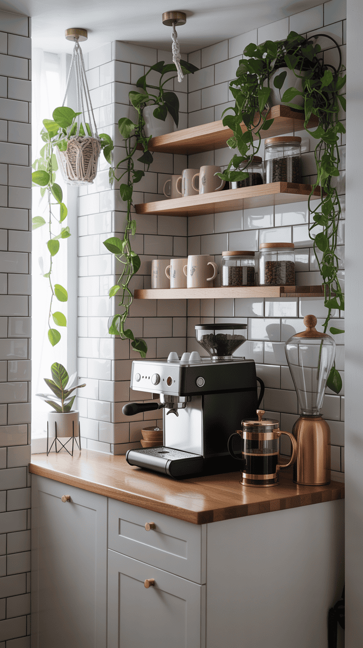 Stylish mini coffee bar with plants and decor in a small space
