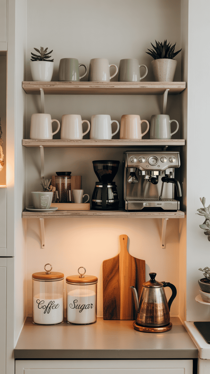 Compact coffee bar with wall shelves, matching mugs, and potted plants for a neat, stylish look