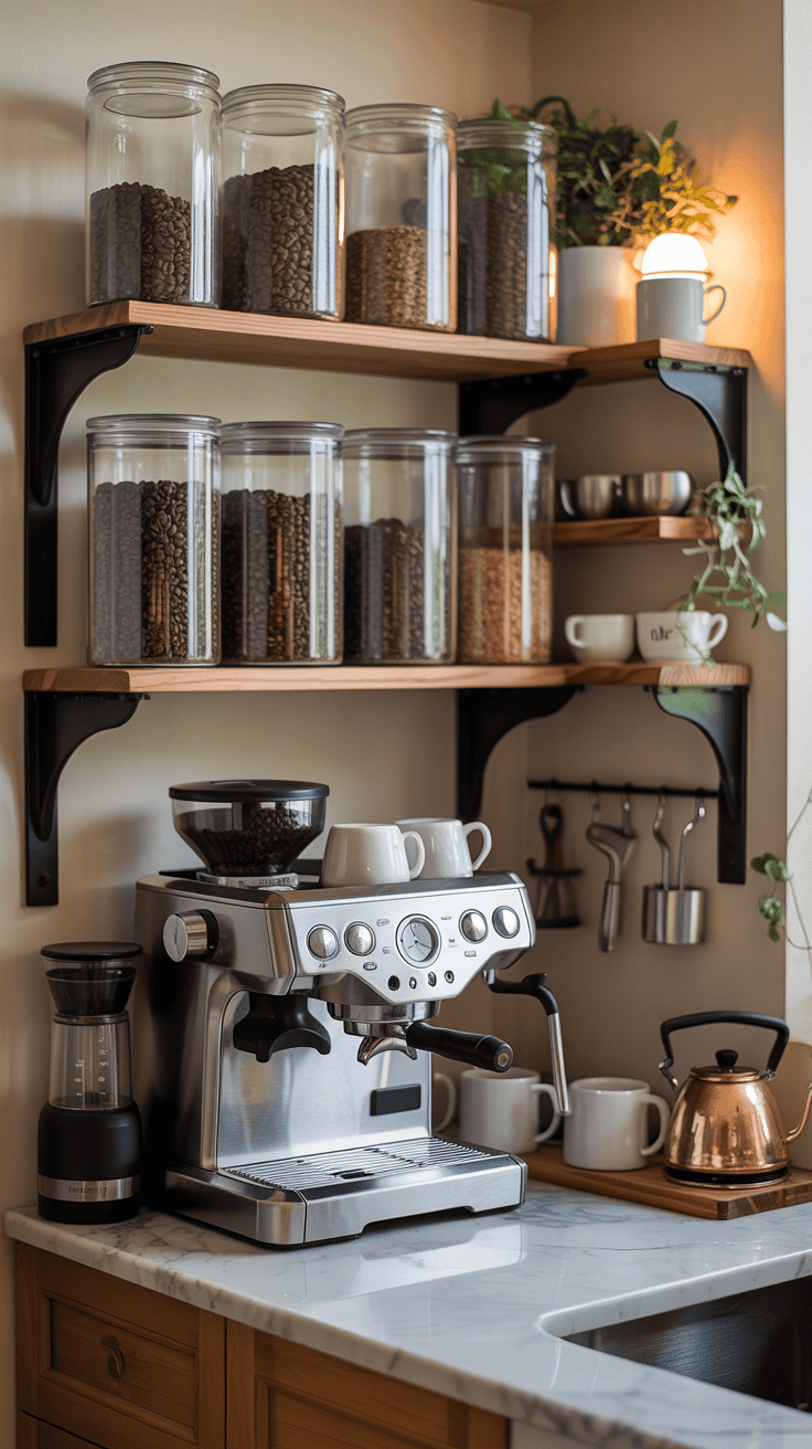 Organized coffee storage with jars and a coffee maker in a small space
