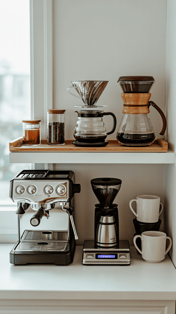 Compact coffee equipment arranged neatly on a shelf