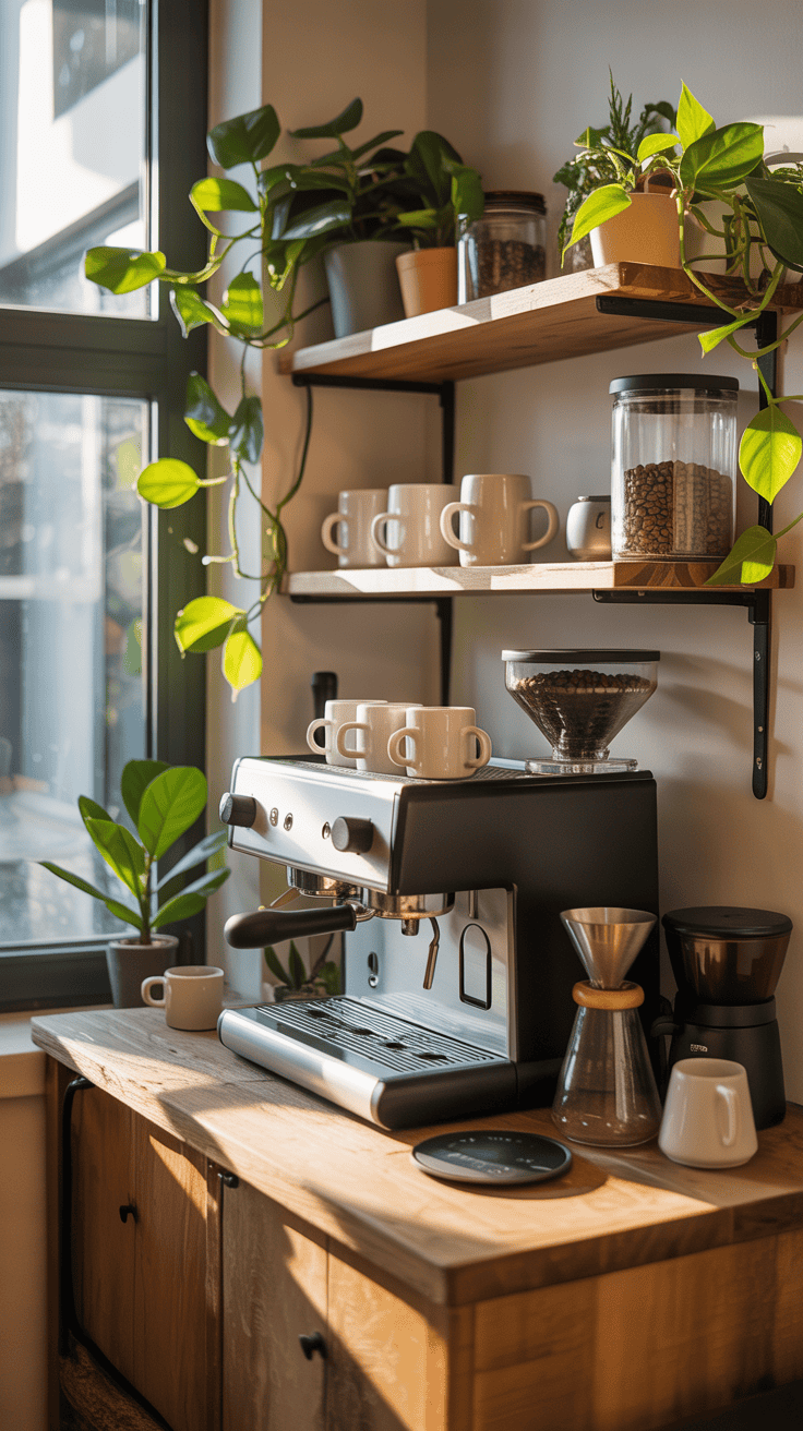 A cozy mini coffee bar setup in a bright corner of a room with plants and coffee accessories.