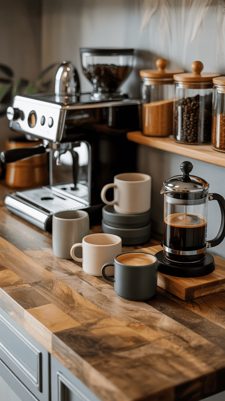 A mini coffee bar setup with coffee makers, mugs, and jars on a wooden surface