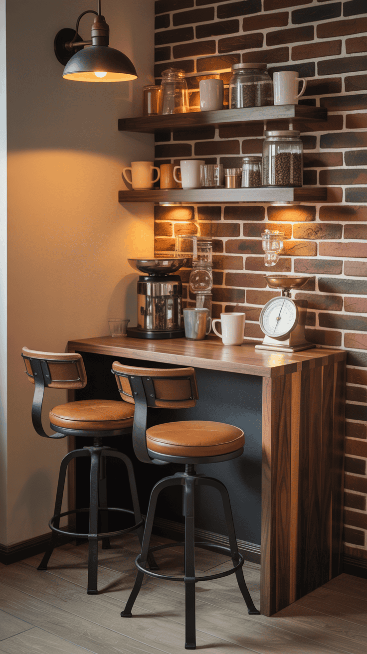 A compact coffee bar setup with a small table, stools, and wall shelves.