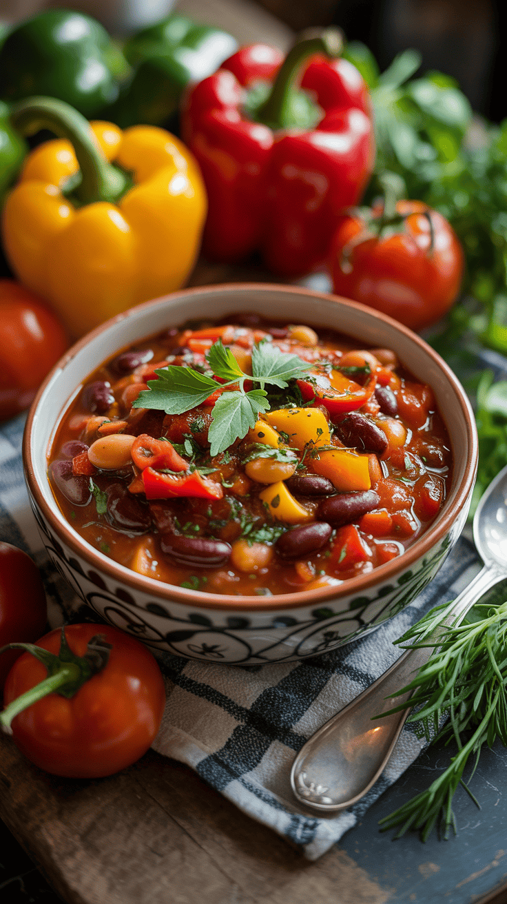 Vegetarian three-bean chili with bell peppers and tomatoes in a ceramic bowl on a rustic table