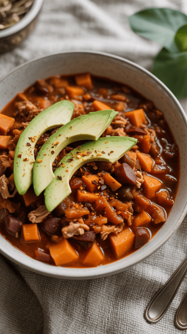 Turkey and sweet potato chili topped with avocado and chili flakes on a light linen tablecloth