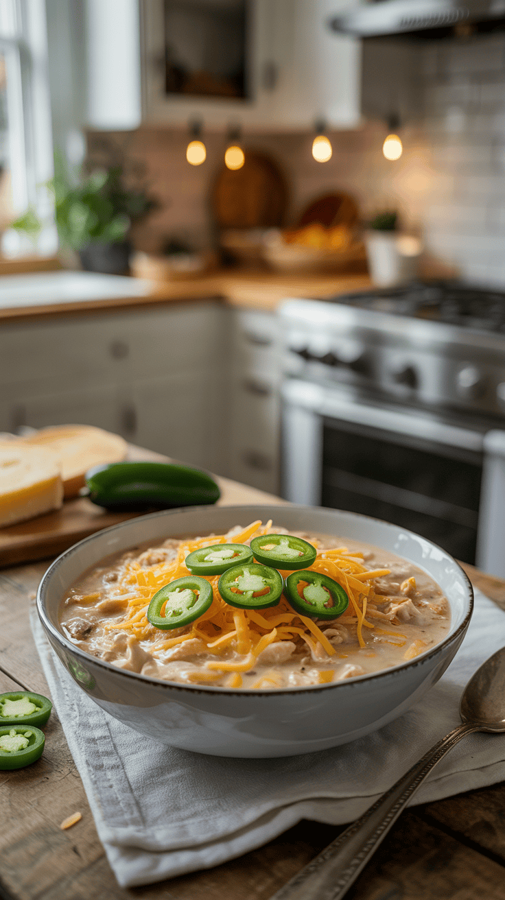 Creamy white chicken chili topped with jalapeños and cheese in a farmhouse-style kitchen