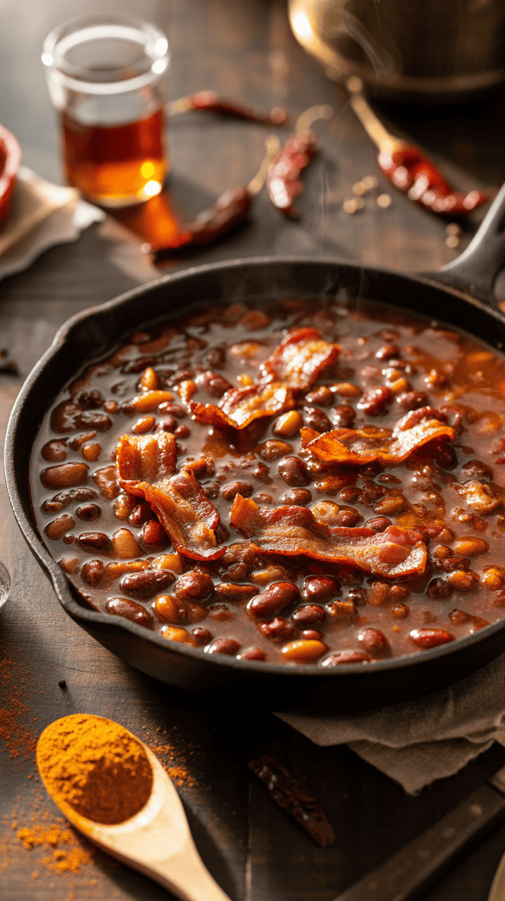 Sweet and spicy maple bacon chili in a skillet with crispy bacon topping