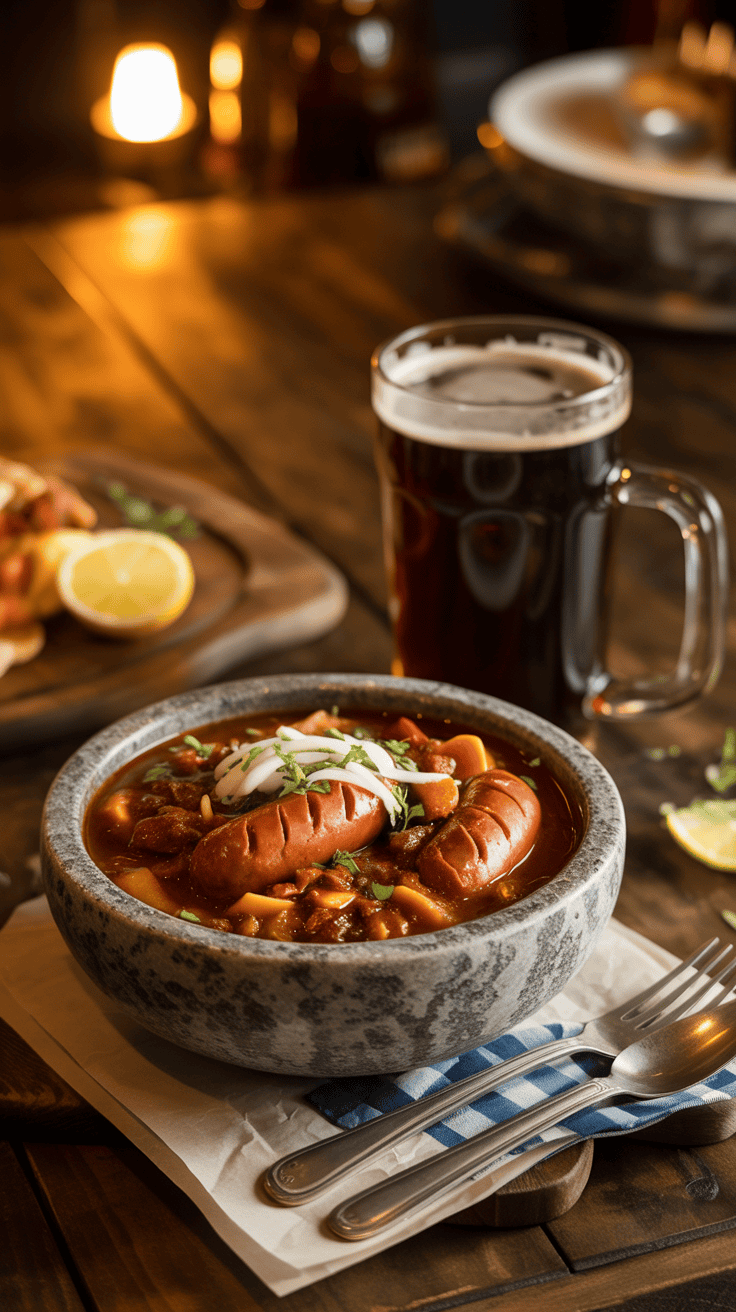 Spicy sausage and beer chili in a stone bowl with dark beer on a rustic table
