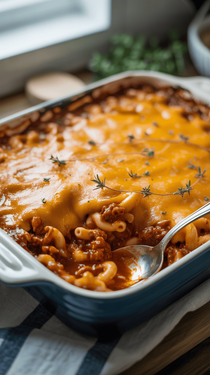 Baked chili mac and cheese with melted cheddar and herbs in a casserole dish