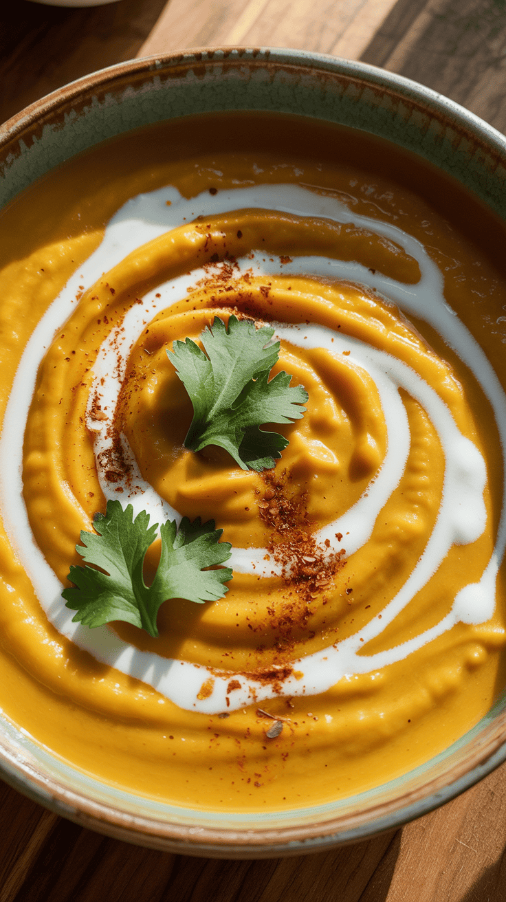 Coconut curry butternut squash soup with chili flakes and cilantro garnish