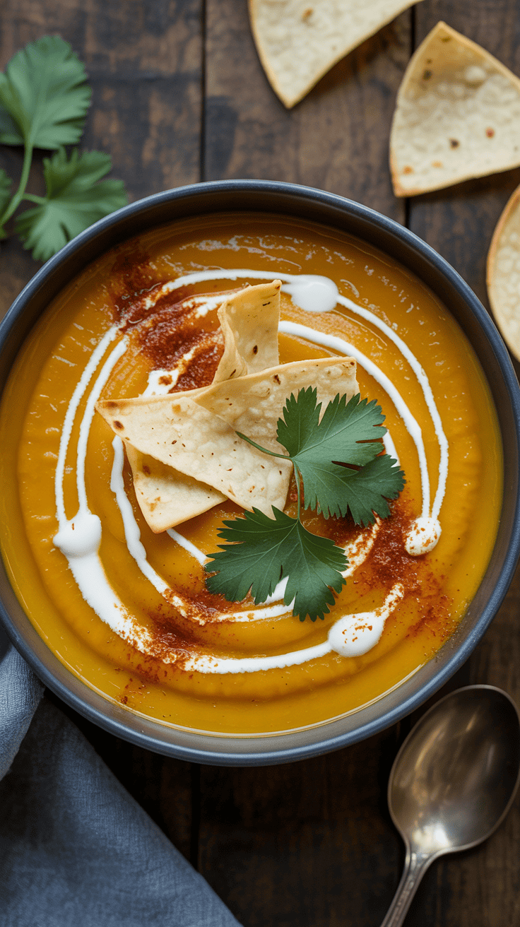 Spicy chipotle butternut squash soup with cream swirl and paprika