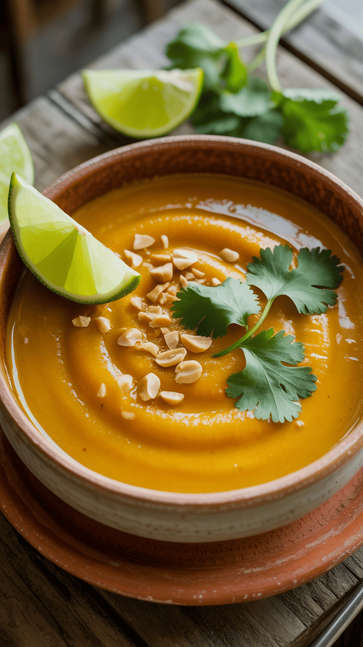 Thai-style butternut squash soup with lime and peanut garnish