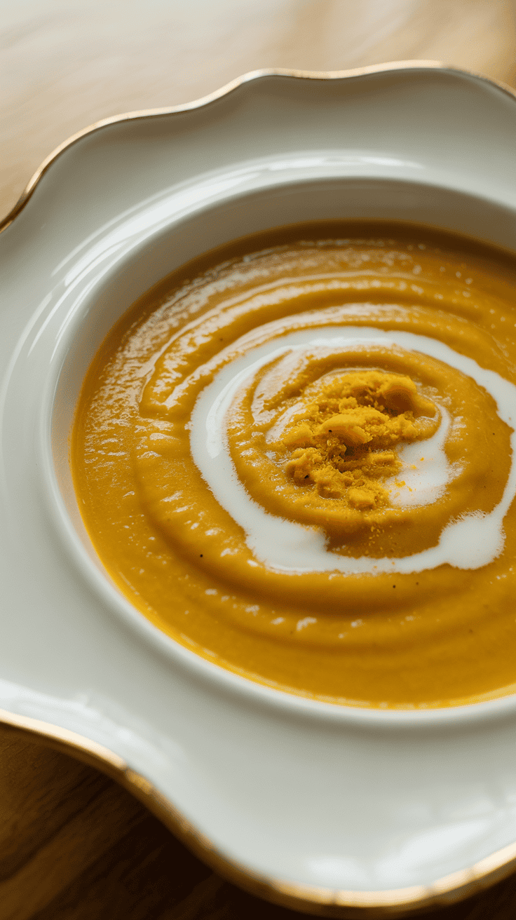 Ginger turmeric butternut squash soup with golden color and coconut swirl