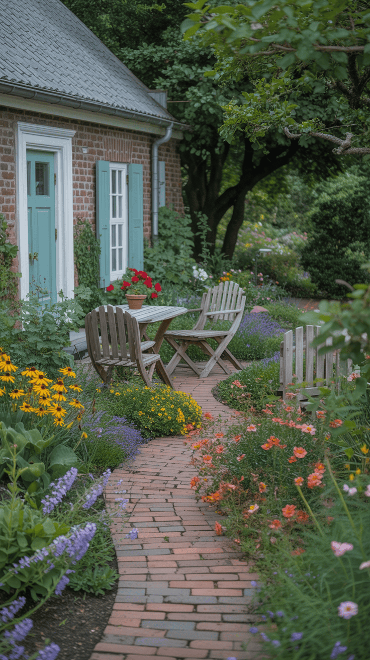 A charming brick pathway winding through a lush cottage garden filled with colorful flowers.