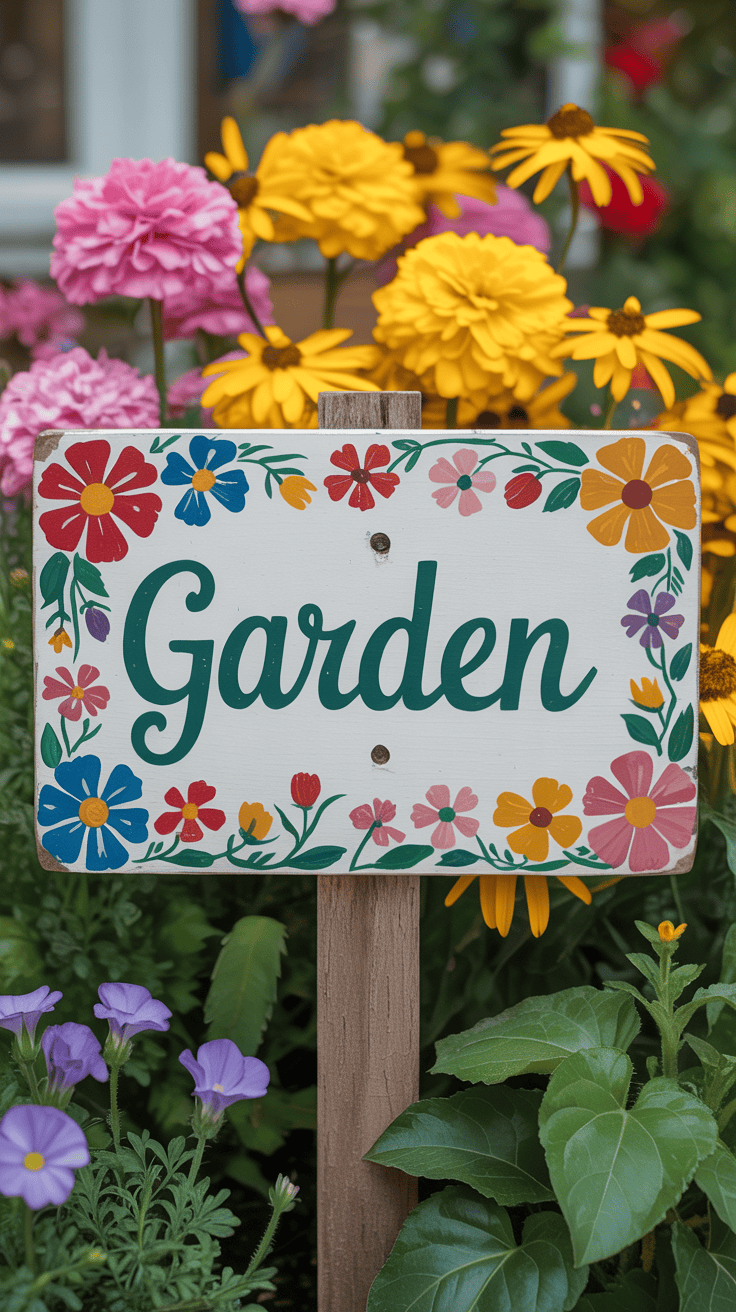 A hand-painted garden sign with colorful flowers in the background