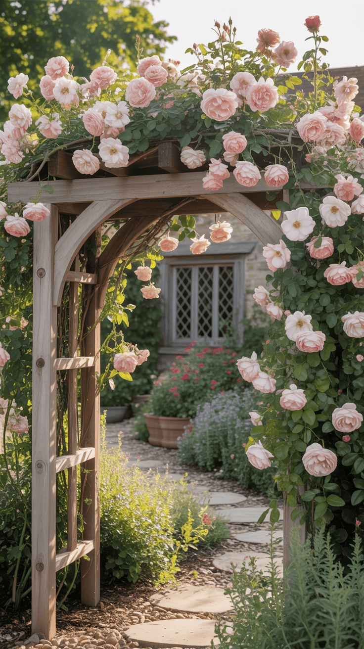 A wooden arbor adorned with pink roses leading to a cottage garden.
