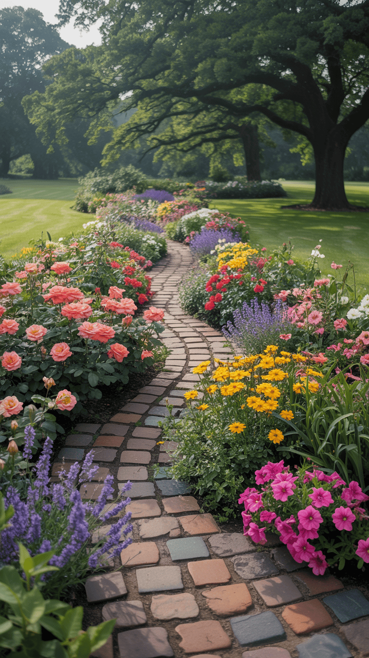 A beautiful garden path bordered by colorful flowers and a lush green lawn.