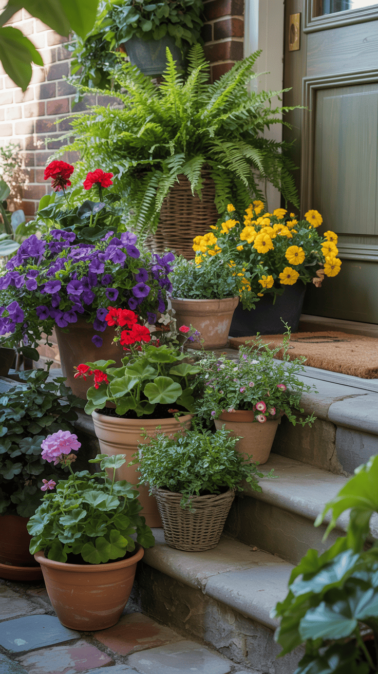 A charming doorstep decorated with various colorful potted plants and flowers.