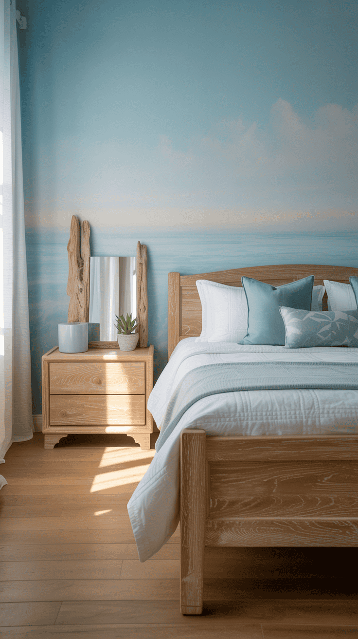 A cozy bedroom with ocean-inspired colors, featuring soft blue walls and natural wood furniture.