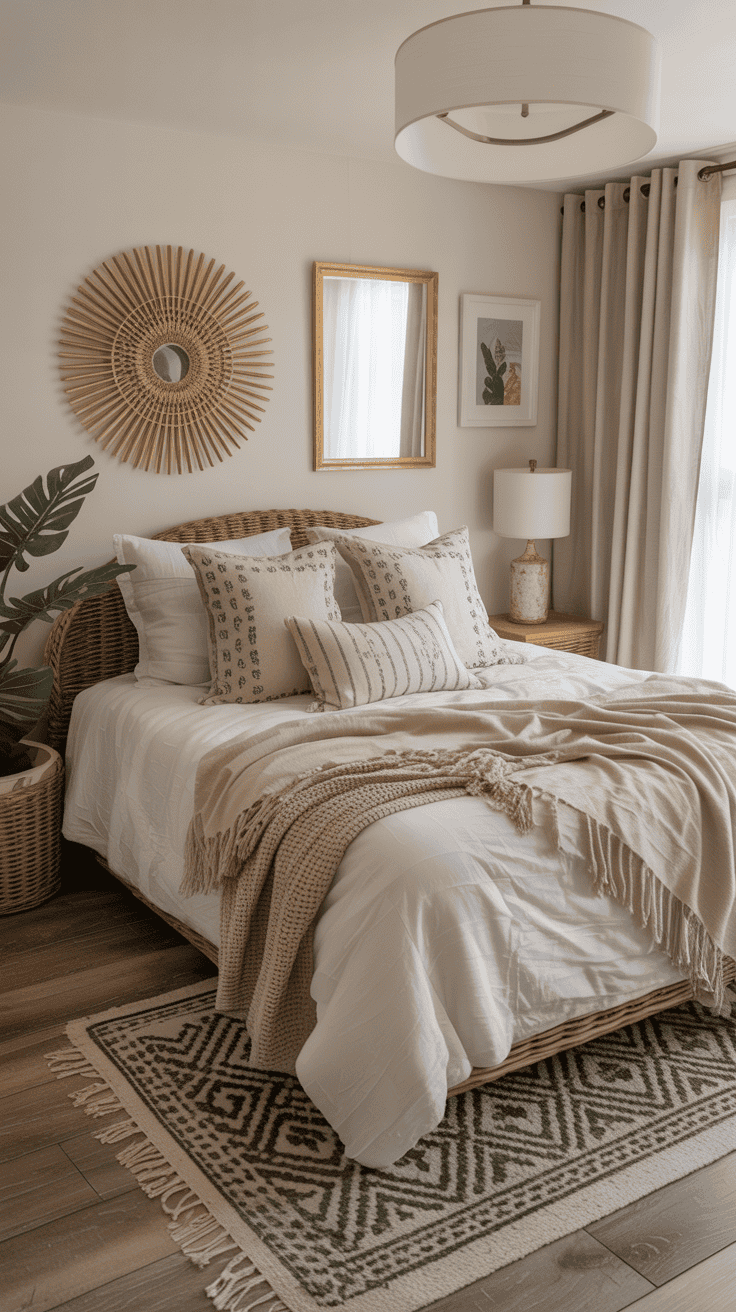 A cozy boho coastal bedroom with layered bedding, featuring a mix of textures and patterns.