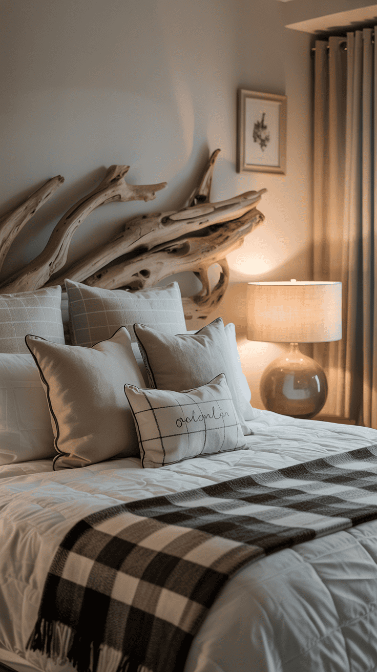 A cozy bedroom with a driftwood headboard, soft pillows, and a checkered blanket.