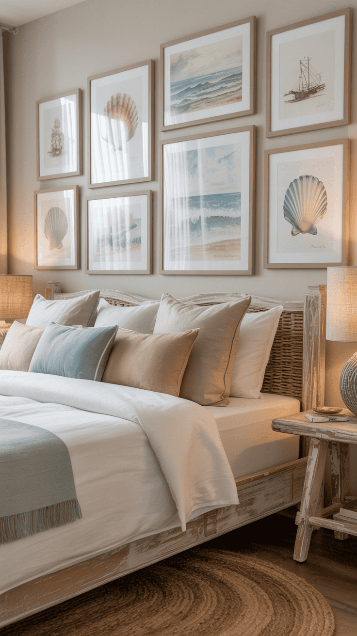 A cozy bedroom with coastal-inspired wall art featuring seashells and waves.